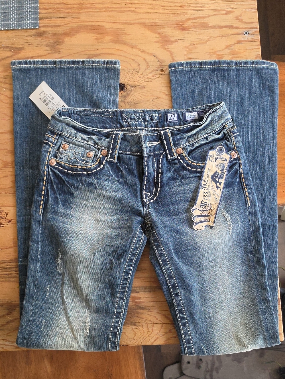 Miss Me Medium Blue Distressed Bootcut Jeans with Contrast Stitching